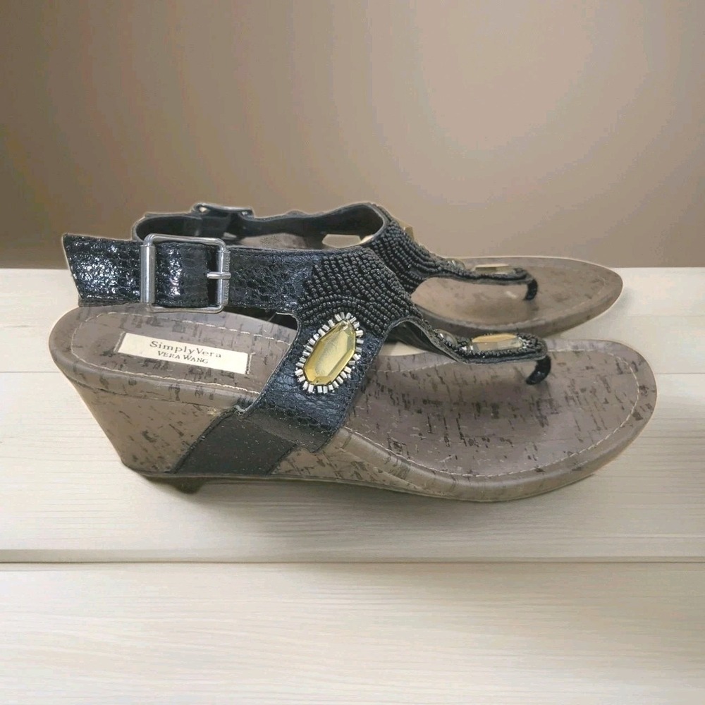 Simply Vera Wang Wedge Thong Sandals With Strap Black with Jewels Size 8.5M